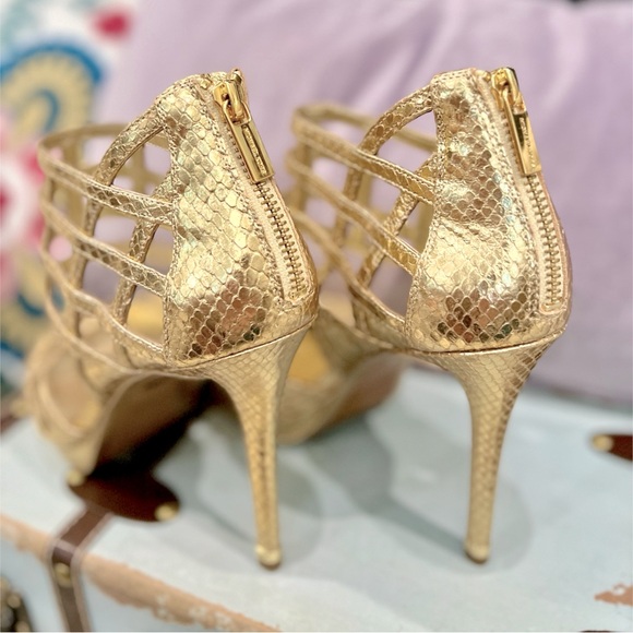 Rare Embossed Gold Michael Kors Caged Heels - Picture 2 of 4